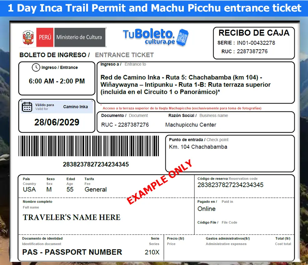 1 day Inca Trail Permit Machu Picchu entrance ticket